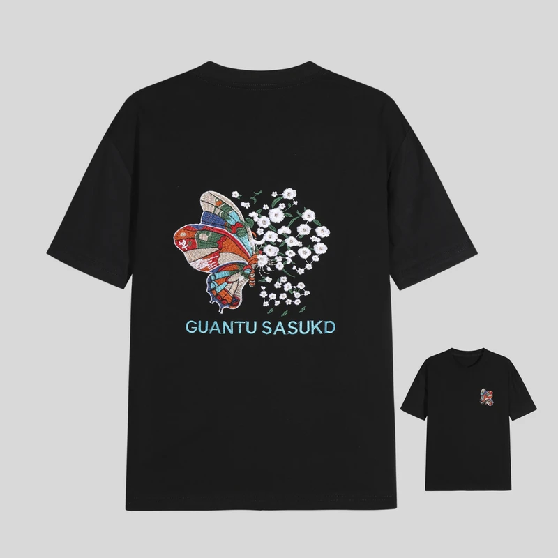 343欧货潮牌2025夏季蝴蝶刺绣短袖T恤男女同款情侣时尚半袖男士