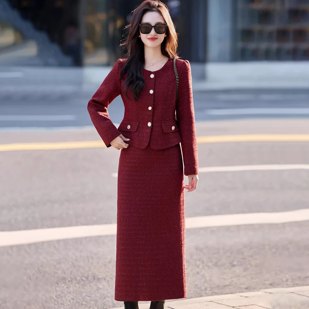 冬季新款轻奢两件套名缕时尚高级感女婚宴装圆领气质优雅套装女装