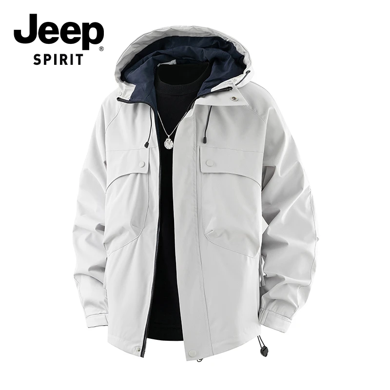 JEEPSPIRIT吉普冲锋衣男秋季美式工装连帽夹克户外运动登山服外套
