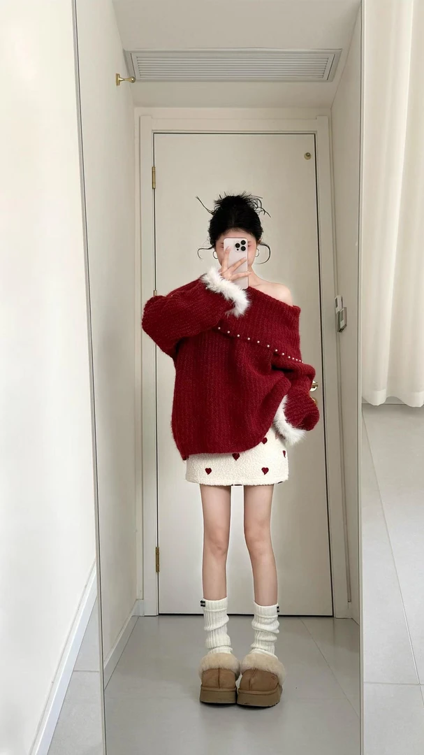 秋冬穿搭一整套韩系温柔风斜肩红色针织上衣高腰爱心半身裙两件套