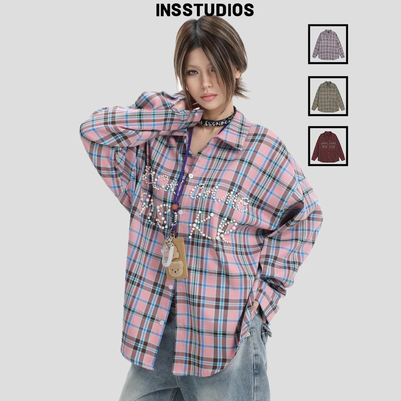 INSstudios国潮牌情侣美式珍珠LOGO长袖衬衫垂坠感钉珠格子衬衣