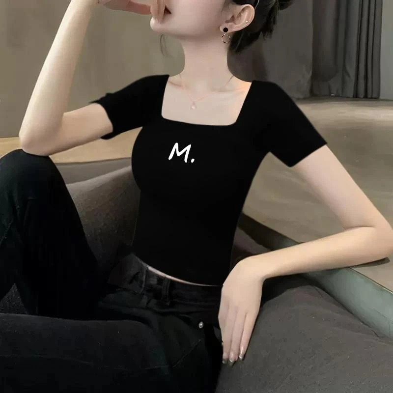 黑色短袖t恤女防透方领2025年新款修身字母百搭上衣服小个子女装