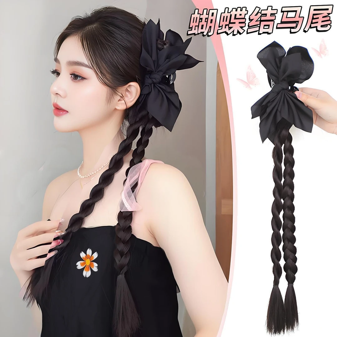 中式马尾辫子侧麻花辫可半扎高马尾扭扭拳击长辫蝴蝶结后脑勺抓夹