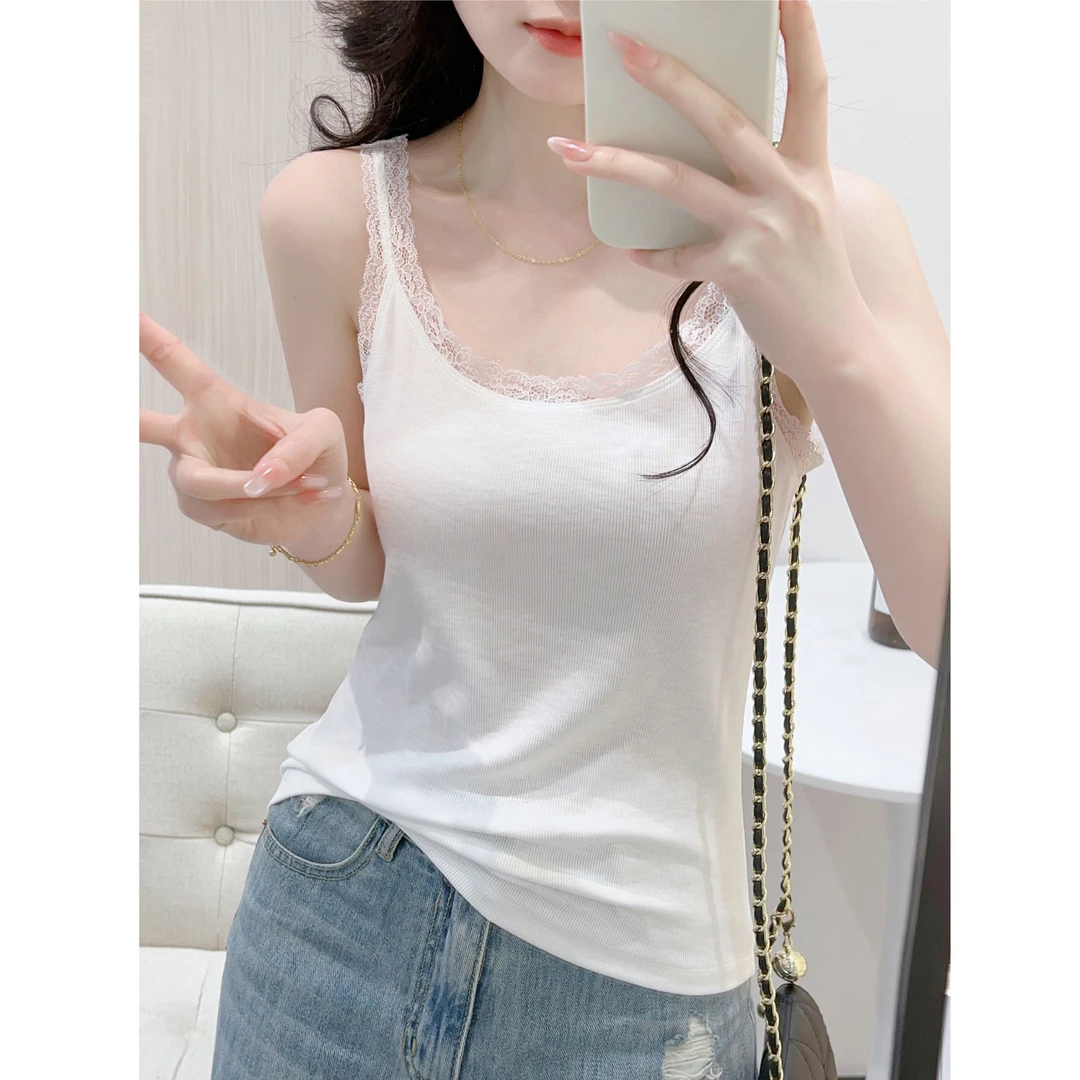 现货 蕾丝花边拼接螺纹棉吊带背心女夏百搭打底修身无袖外穿上衣