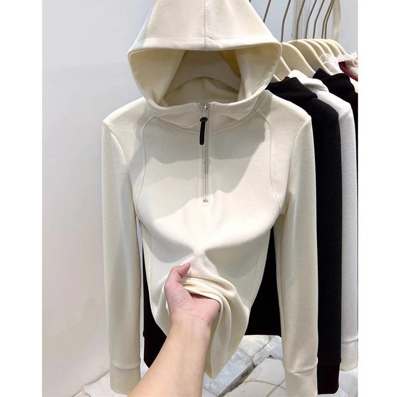 真心推荐这款~ 新款半拉链双面德绒连帽卫衣女加绒打底衫上衣帽衫