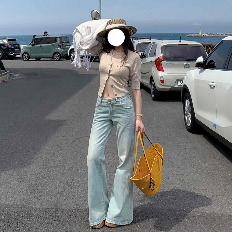 复古浅色淡薄荷色调清新牛仔裤女2025秋季高个子显瘦不贴腿微喇裤
