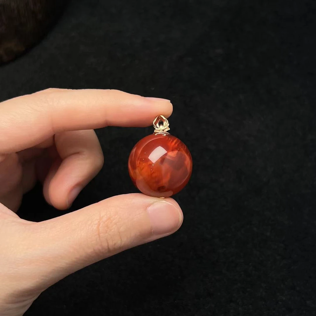 【壹芳珠宝】天然南红火焰纹镶嵌18k金单珠吊坠20mm