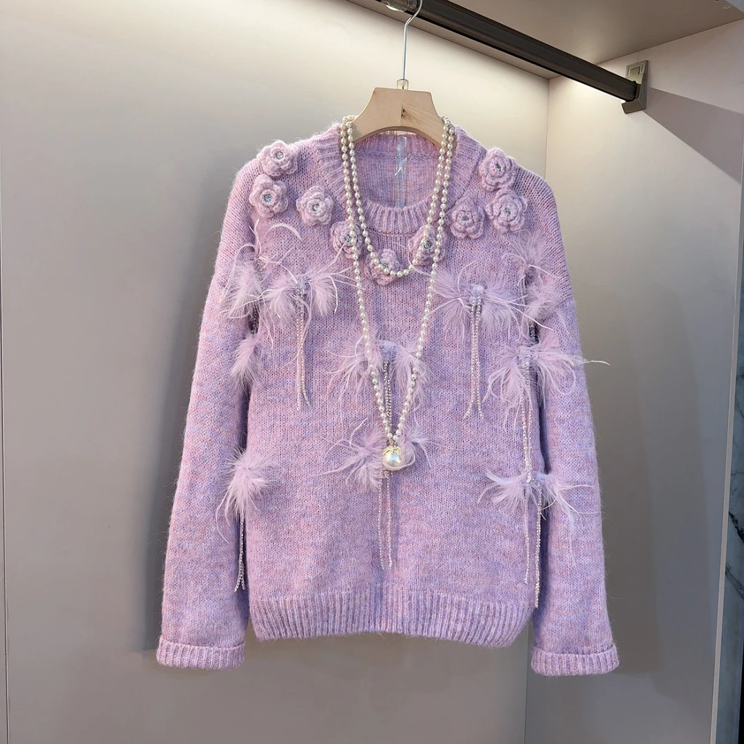 新款气质设计感圆领花朵拼接毛毛洋气时尚显瘦大码女装胖妹妹上衣