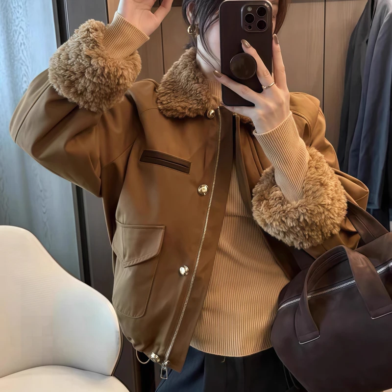 巴恩风羽绒内胆工装短外套2025冬羊羔毛翻领保暖白鸭绒羽绒服 808