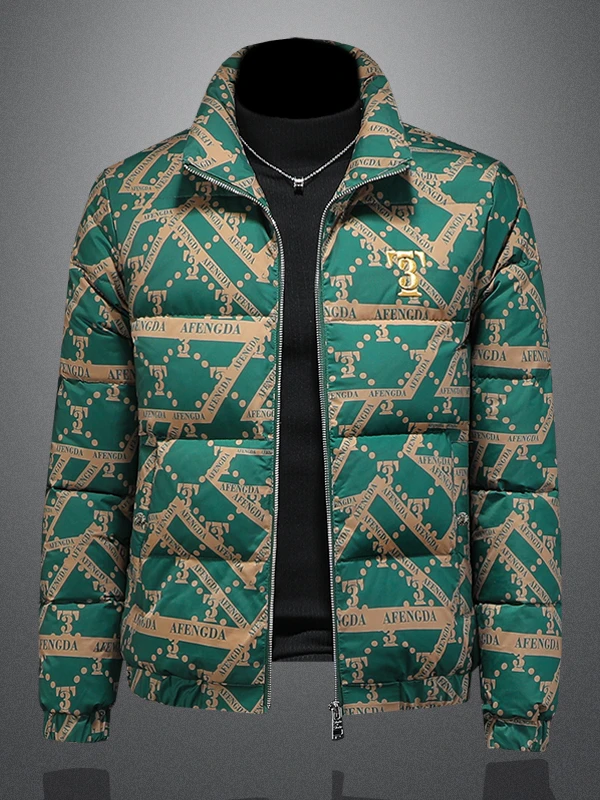 昆加希毕欧洲站印花立领羽绒服男冬季新款加厚保暖白鸭绒大码外套