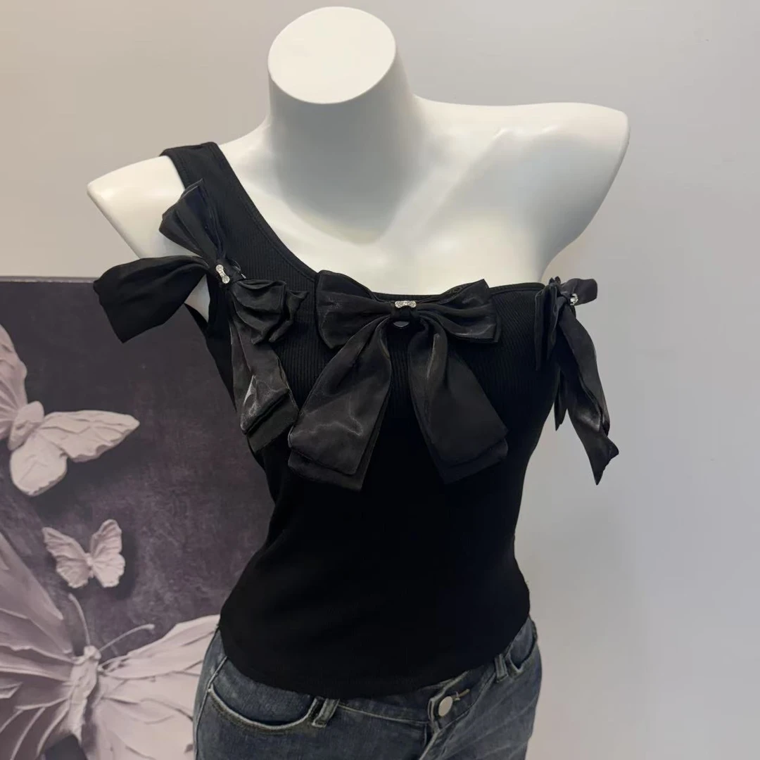 （浠儿姐姐）蝴蝶结挂脖短款上衣斜肩夏日辣妹抹胸一字肩吊带背心