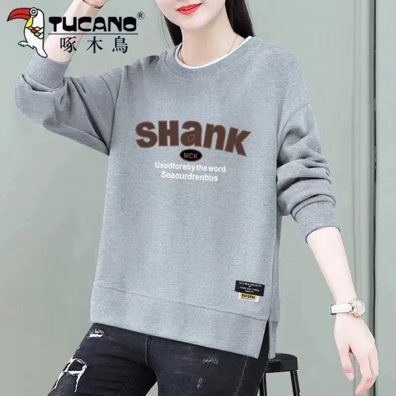 啄木鸟正品春季新款宽松圆领纯棉大码长袖显瘦连帽卫衣女薄款休闲