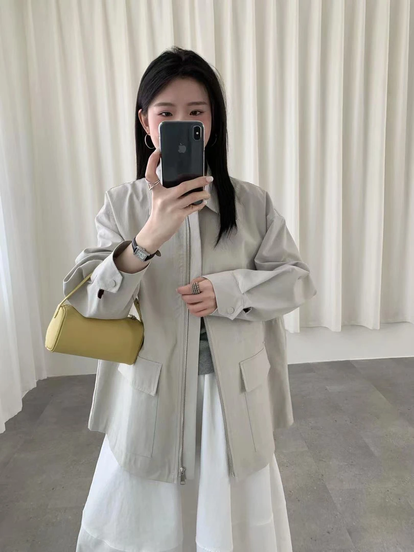 灰灰呀!5302 韩系复古设计感收腰大口袋翻领工装外套