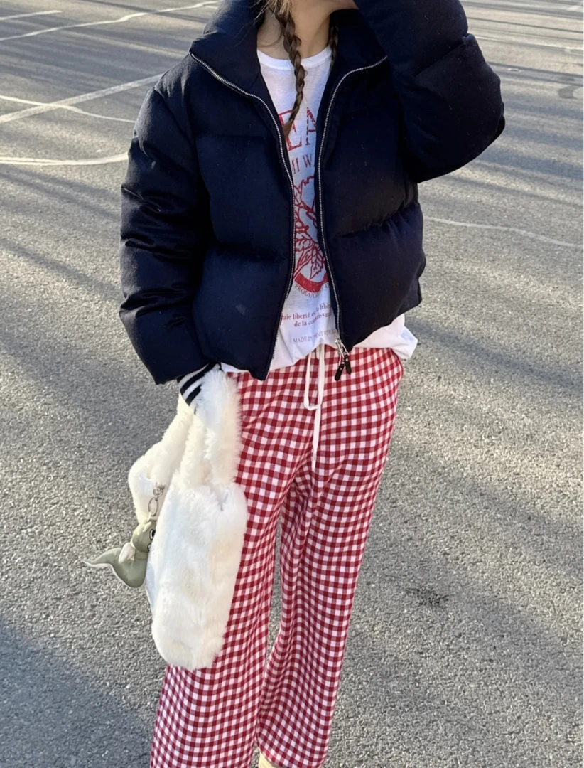 设计师品牌~2024年冬季新款红色格纹抽绳束脚宽松百搭休闲裤