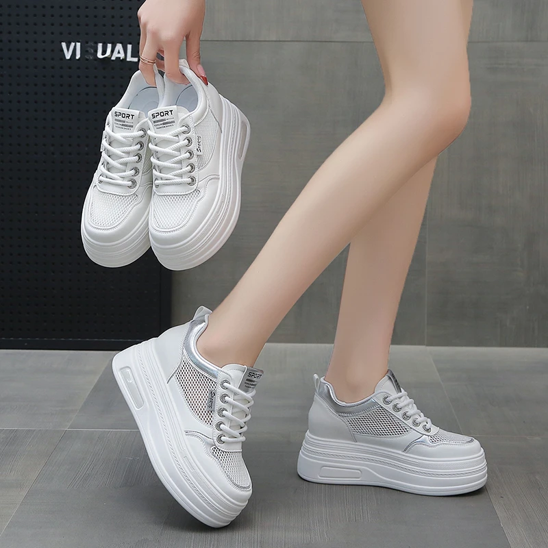 春夏新款女士增高8cm小白鞋网面透气休闲鞋ins小个子百搭厚底鞋