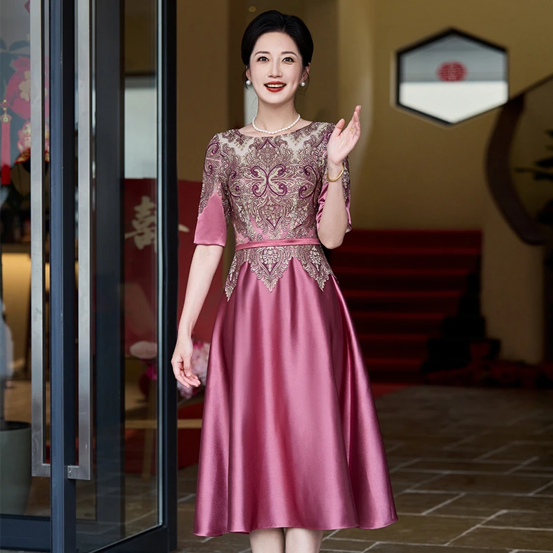高贵妈妈婚礼礼服气质喜婆婆婚宴装小个子显年轻圆领短袖