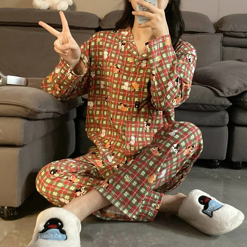 春季新款韩版甜美卡通可爱少女格子翻领开衫长袖套装家居服可外穿