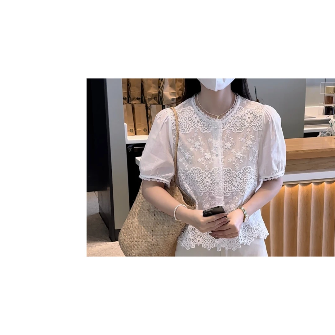 BK STUDIO 新款韩版时尚气质镂空蕾丝短袖衬衫女设计感小众