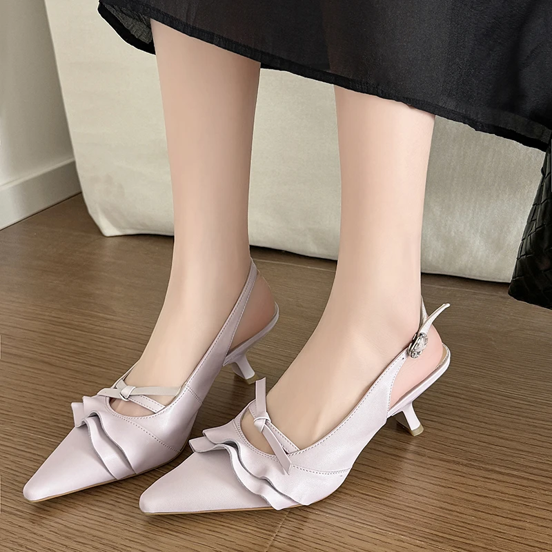 法式蝴蝶结尖头一字带包头凉鞋女细跟高跟鞋时尚百搭后空单鞋