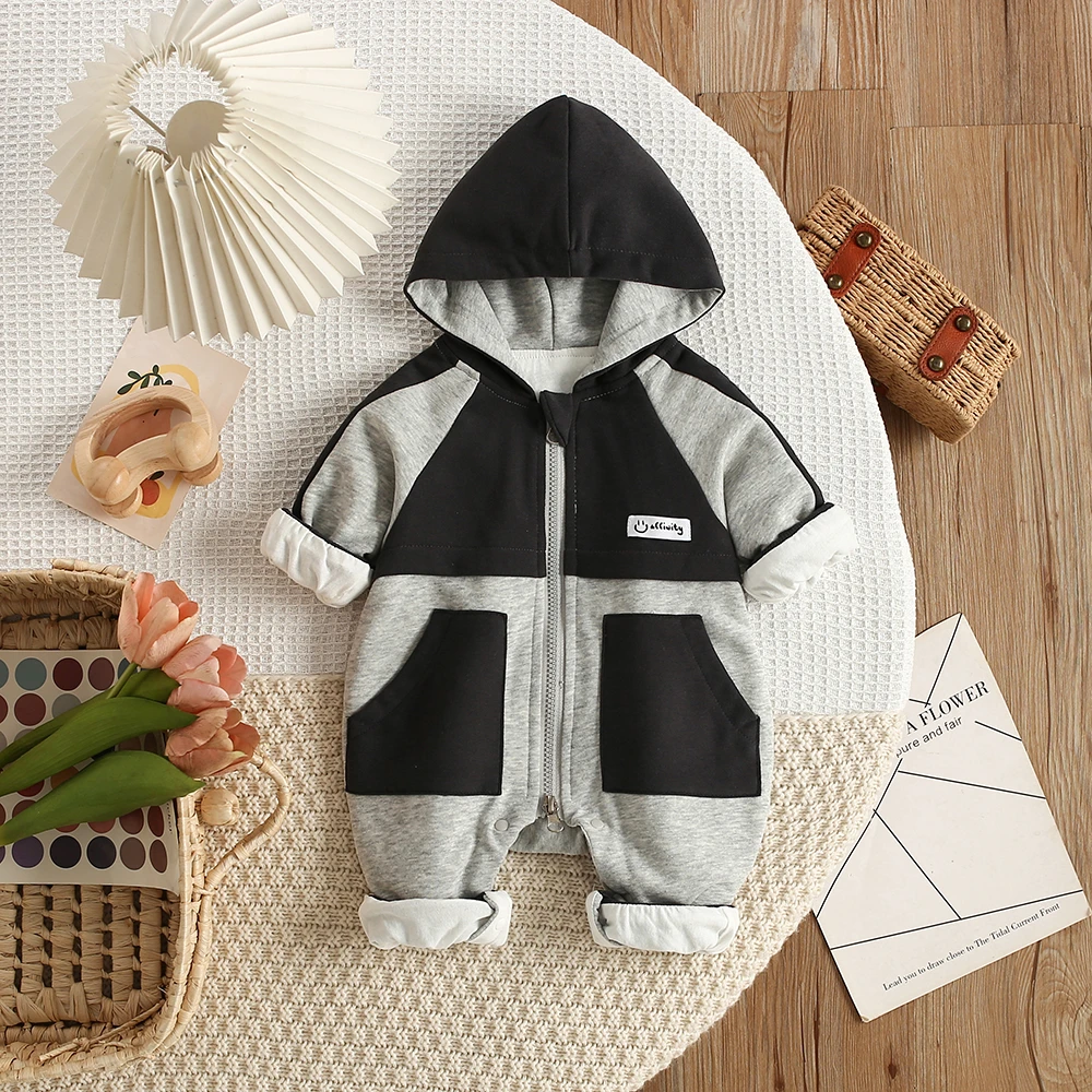 春秋款灰钥蓝兜漫步者婴幼儿双层长袖连帽拉链款双兜连体哈衣童装