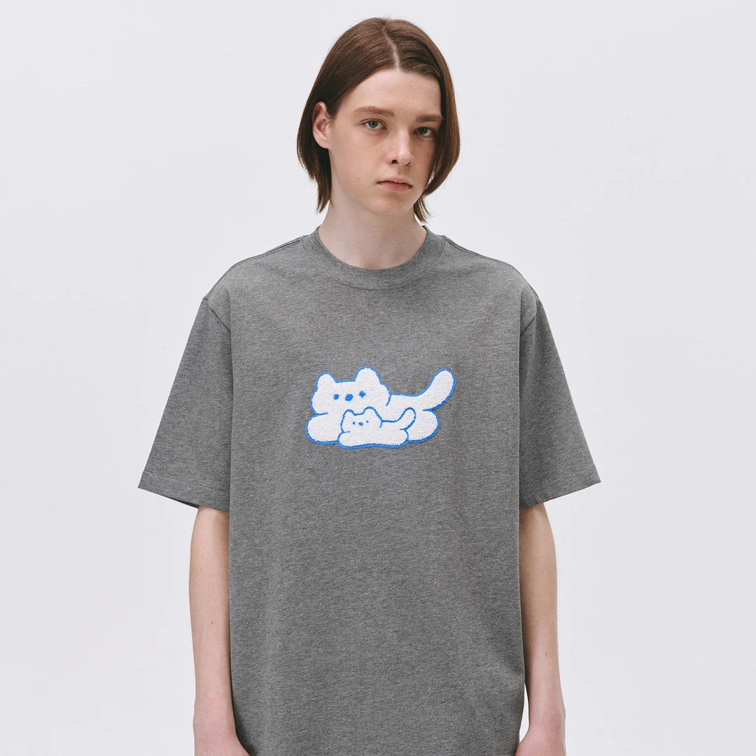 SAMESAME23SS白猫植绒刺绣宽松休闲短袖男女款日系圆领情侣装UM6A