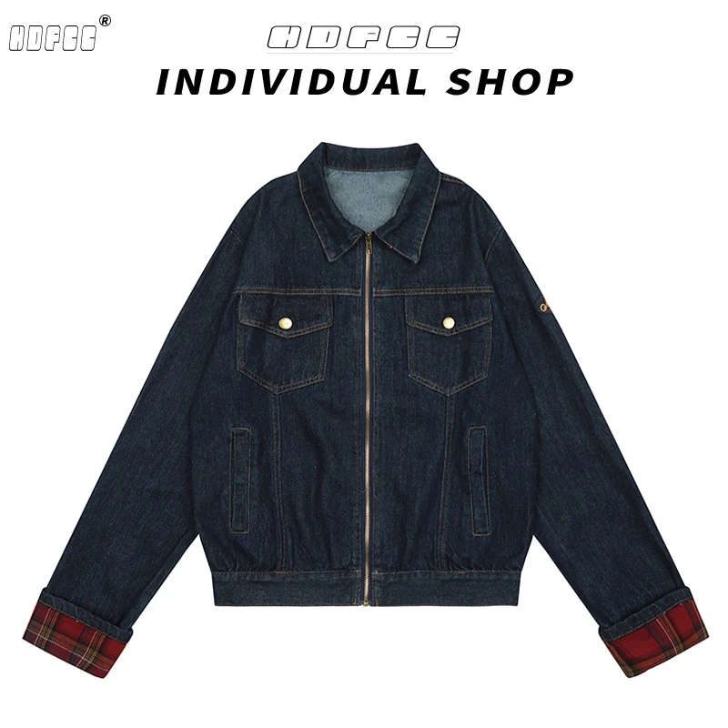 潮牌复古格子拼接翻领夹克外套女春秋季新款潮流宽松百搭牛仔上衣