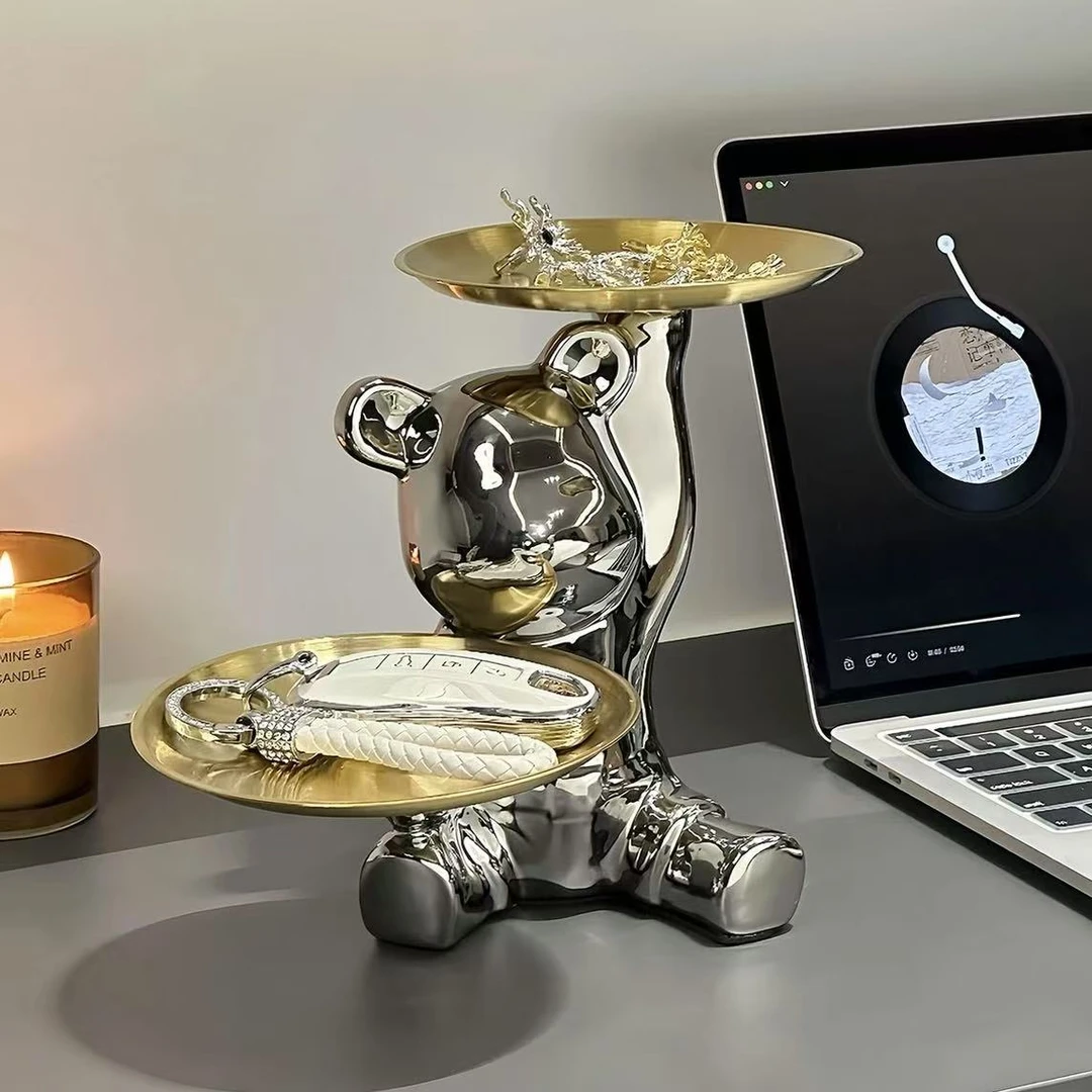 ins风小熊陶瓷桌面装饰摆件托盘收纳摆件玄关钥匙收纳轻奢高档