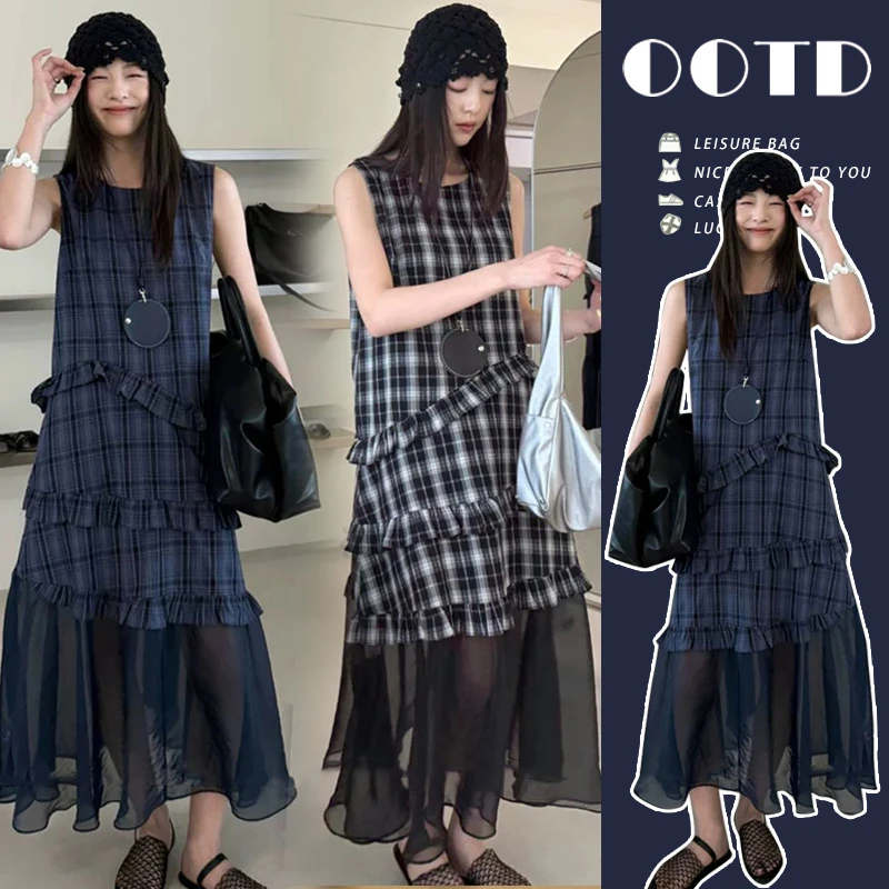 洋气时髦孕妇装夏季新款网红不规则木耳边格纹网纱拼接气质连衣裙