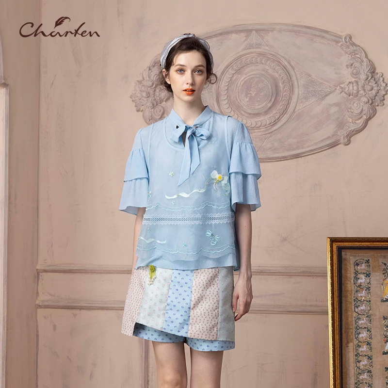 【媛媛专享】朝峰季系带领荷叶袖衬衣CFD1C368-3008T短袖