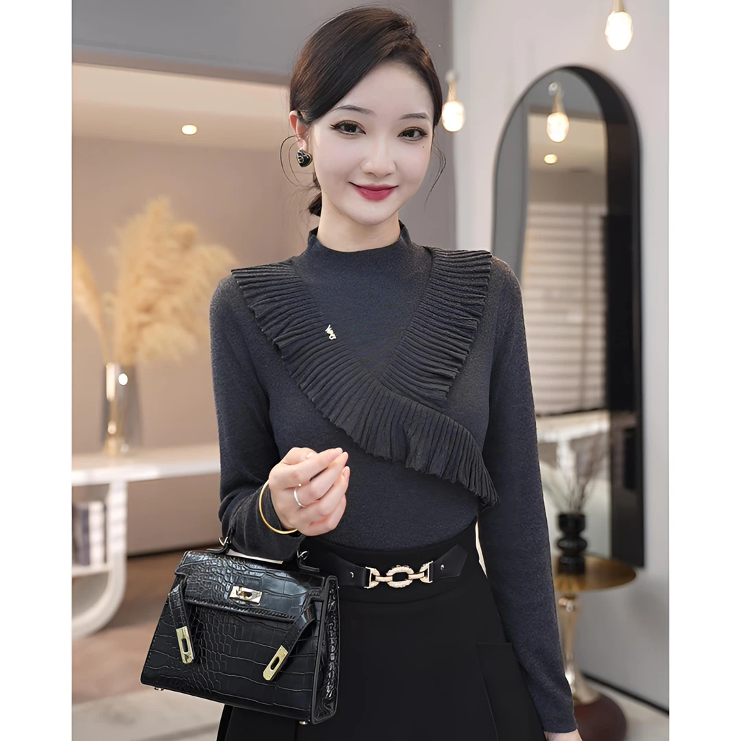 2025秋冬新款【8414】含绵羊毛韩版捏褶设计针织衫深灰色精致毛衣女