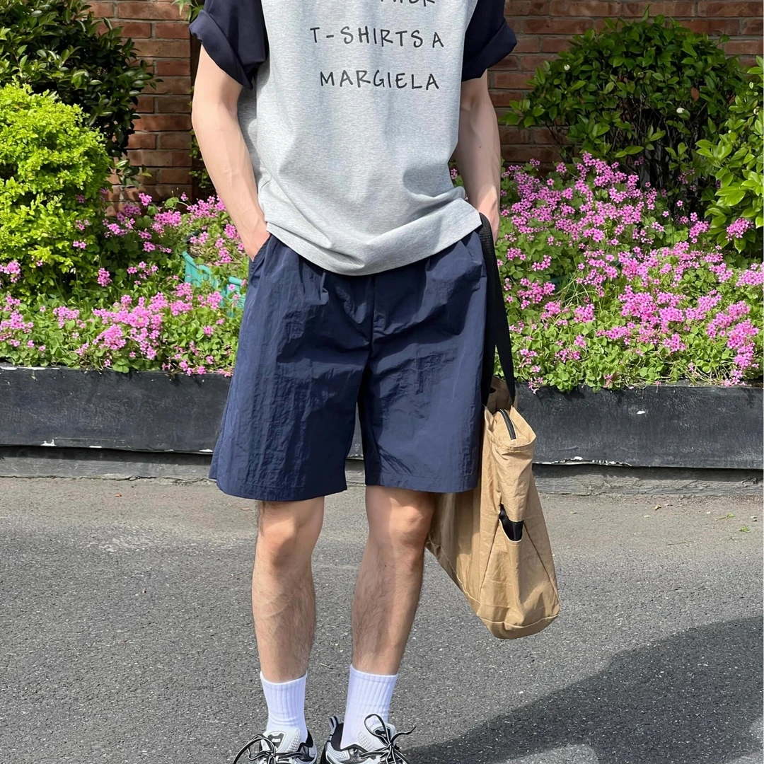 深蓝色夏季户外宽松日系直筒休闲短裤男款复古流行机能抽绳速干裤