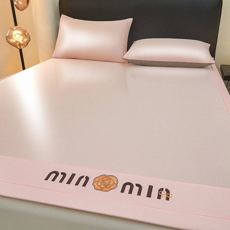 夏季可折叠空调房A类凉感刺绣冰丝席可机洗床席床笠款三件套