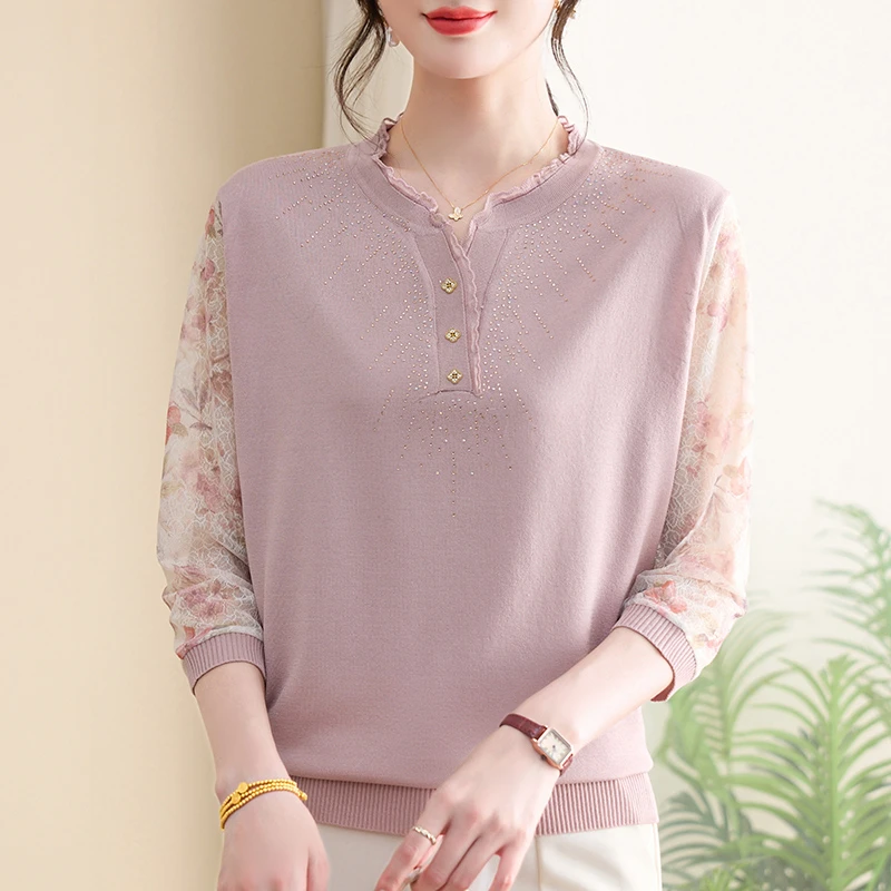 2025中老年大码妈妈夏装女士t恤短袖镶钻薄款针织衫气质纱袖上衣