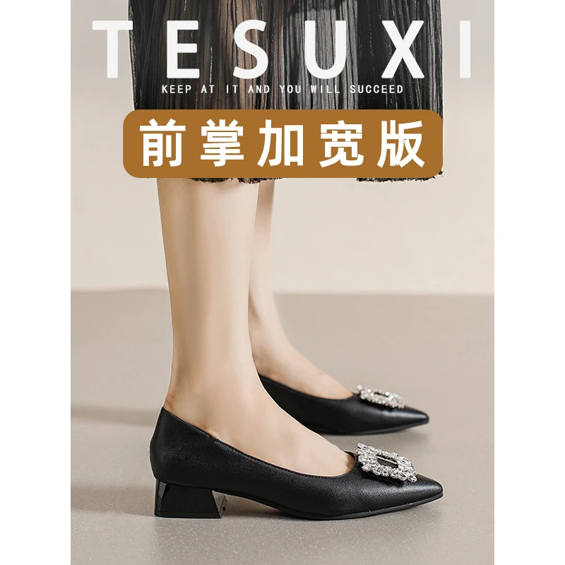 娟娟家【特舒适加宽大码女鞋】688-100-66 尖头粗跟水钻单鞋女