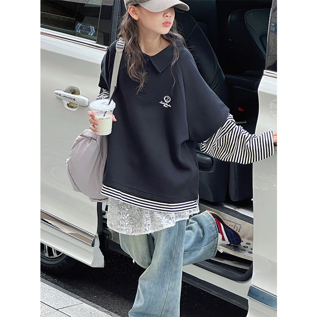 K29331学院风假两件女童polo衫新款秋装儿童长袖T恤春秋大童上衣