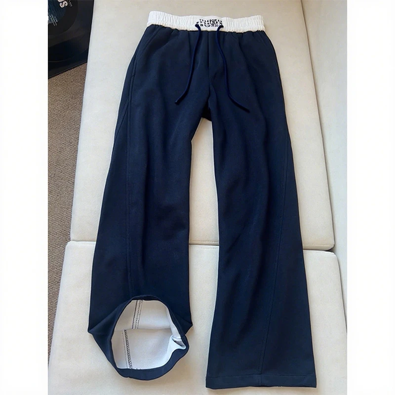 藏青色美式拼接卫裤男款春秋季慵懒风直筒弯刀裤子休闲宽松阔腿裤