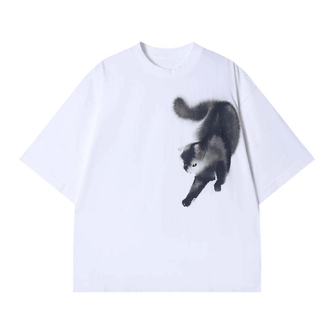 夏季高级感新款潮牌简约撞色小猫印花圆领短袖T恤百搭休闲情侣