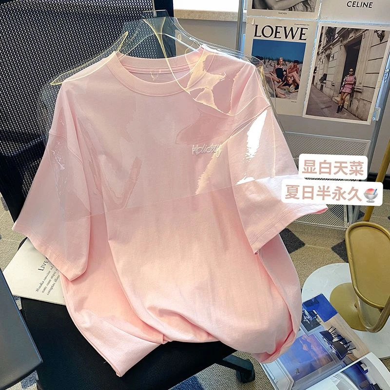 大码300斤夏季新款粉色字母印花圆领T恤女2025年宽松情侣休闲上衣