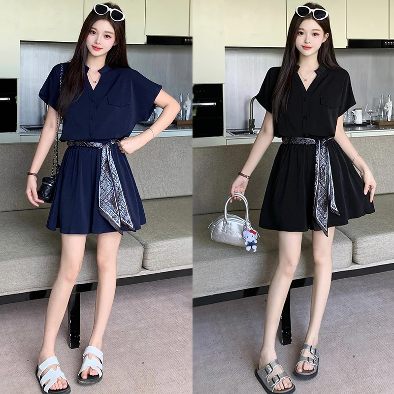 2025夏装新款胖mm大码女气质时尚v领短袖小衫飘带高腰短裤套装