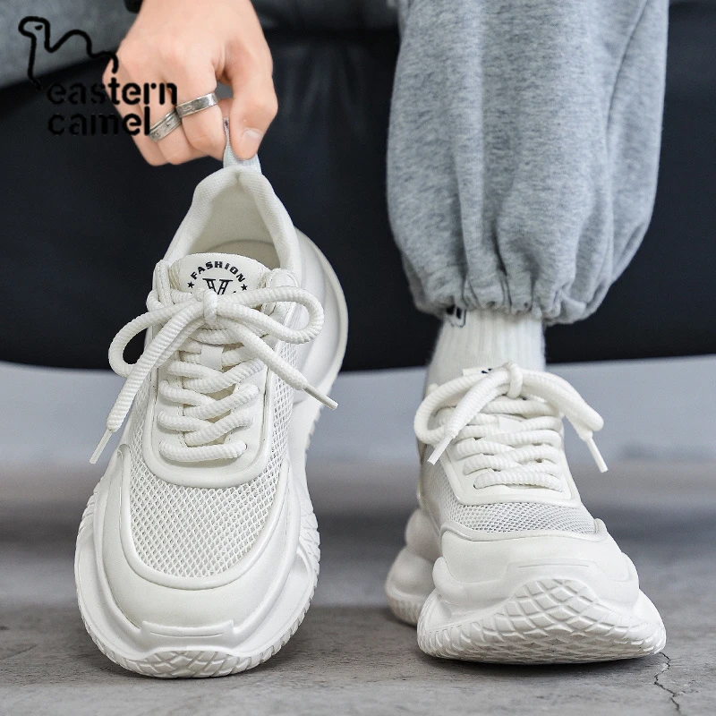 东方骆驼男鞋2025新款秋季网面运动休闲小白鞋男士厚底增高老爹鞋