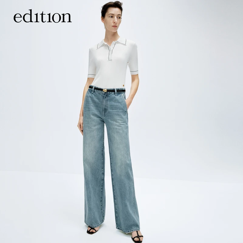 edition新款针织衫女撞色线弹力修身Polo领上衣#EBD1SWTT06