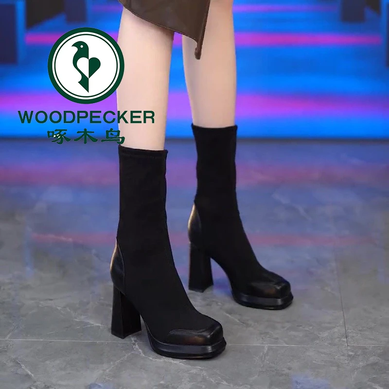 啄木鸟时尚粗跟防水台短靴2025年高跟弹力瘦瘦靴厚底英伦风中筒靴