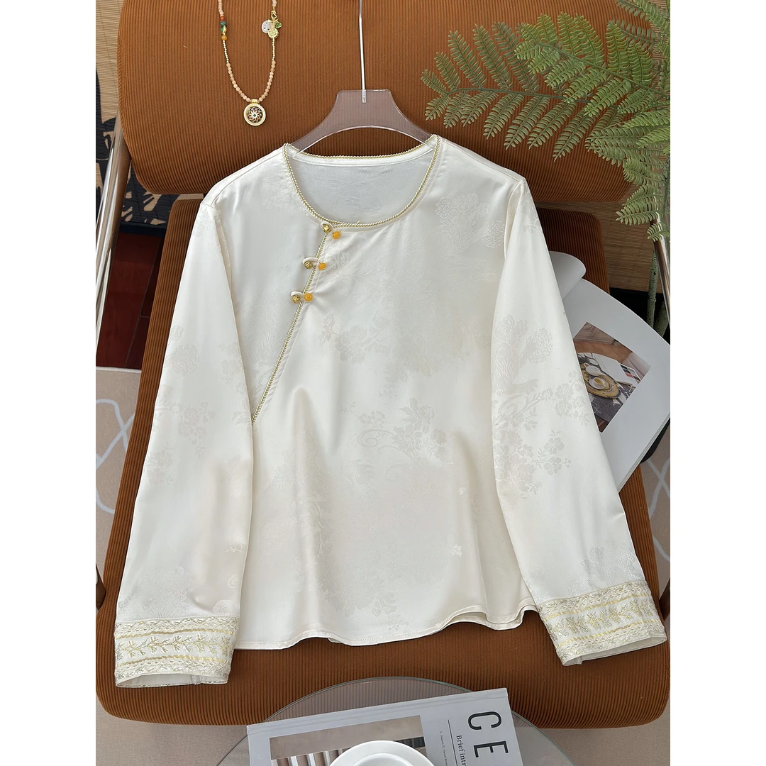 新中式圆领织花金丝袖口宽松复古气质文艺长袖衬衫百搭新款打底衫