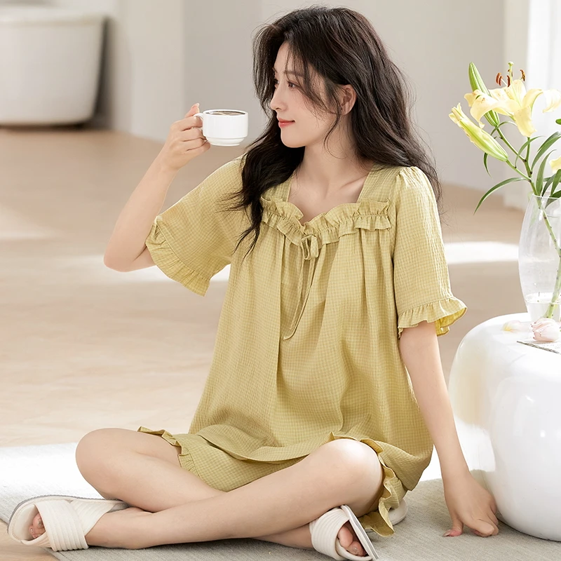 夏季棉质薄款花边上衣短袖短裤休闲宽松睡衣套装家居服女可外穿