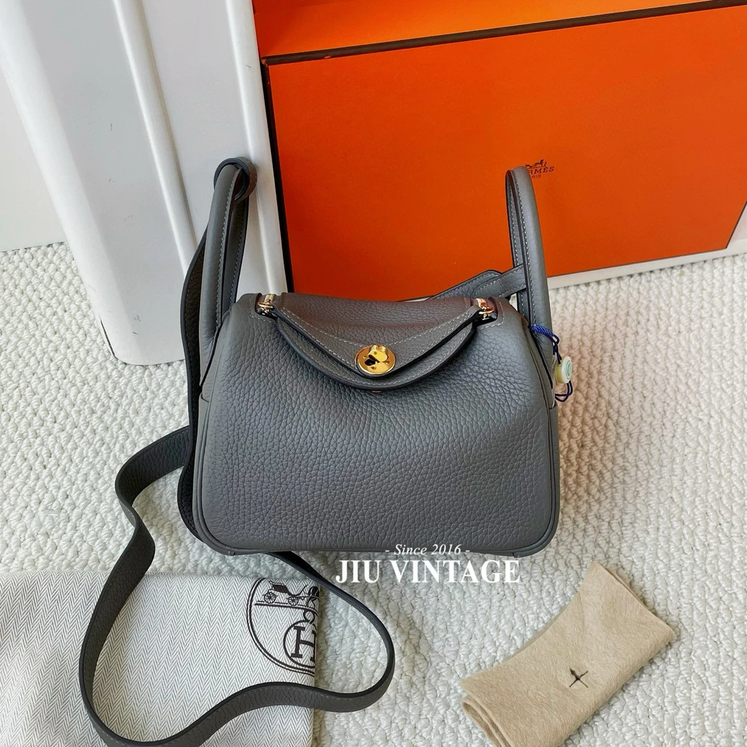 99新 Hermes/爱马仕 mini lindy积雨云灰金扣U刻全套CJM7-3716