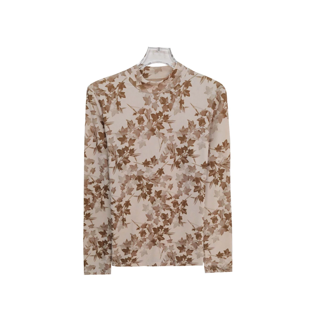 洋气碎花气质轻薄透气半高领晕染长袖T恤S4500