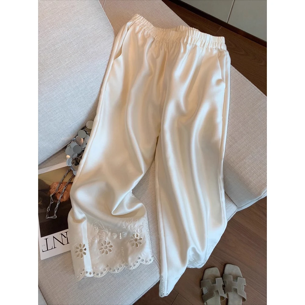 大码女装新中式九分阔腿裤女夏新款高级感气质垂感镂空刺绣直筒裤