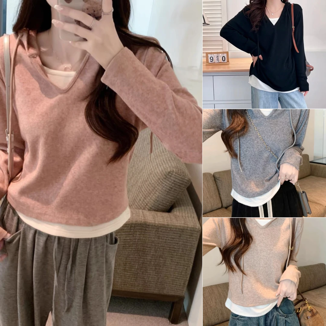 大码春假两件连帽新款洋气针织长袖修身打底内搭套头上衣