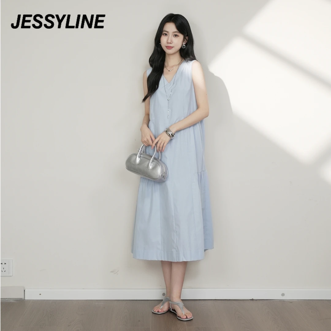jessyline 2025夏季新款 杰茜莱蓝色连衣裙法式显瘦优雅气质森系