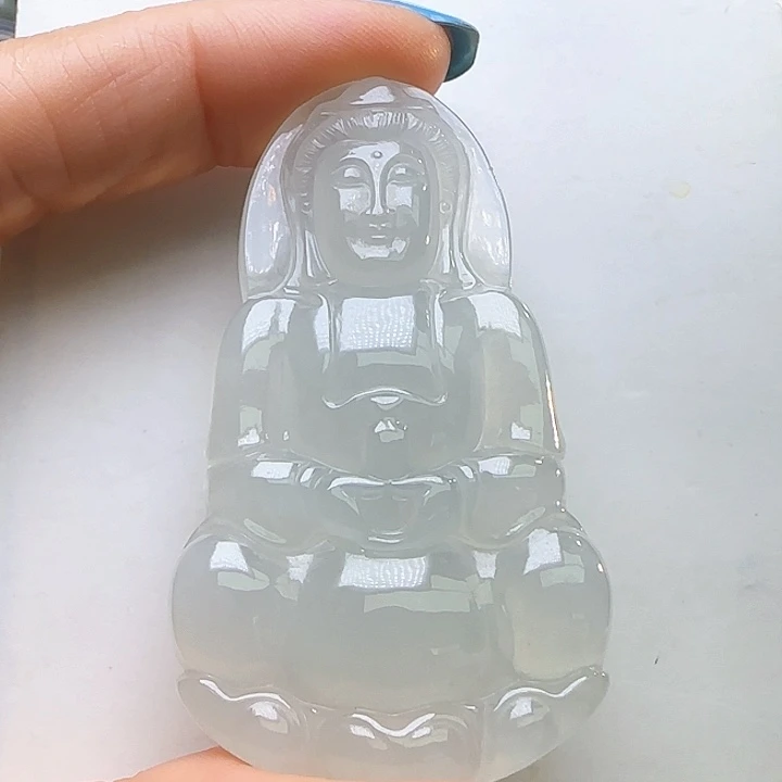 翡翠裸石天然缅料A货 糯冰种观音吊坠